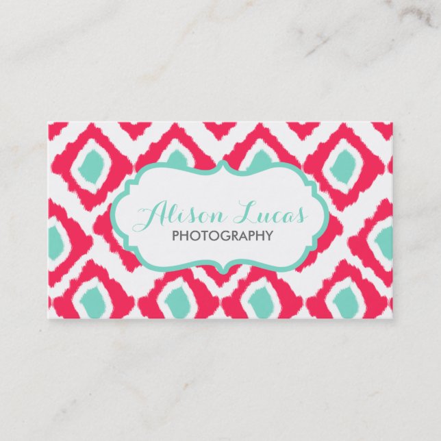 Pink and Aqua Ikat Pattern Business Card (Front)