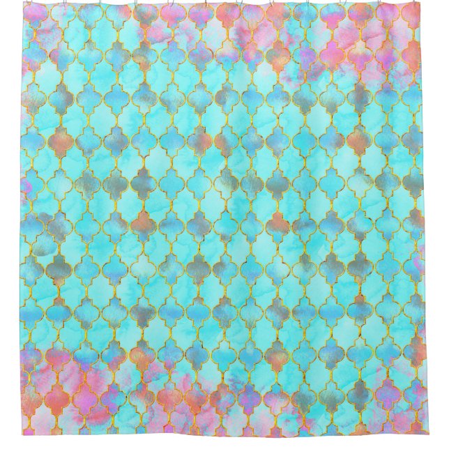Pink and Aqua Maroccan pattern Shower Curtain (Front)
