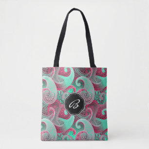 Pink and Aqua Paisley Pattern with Monogram Tote Bag