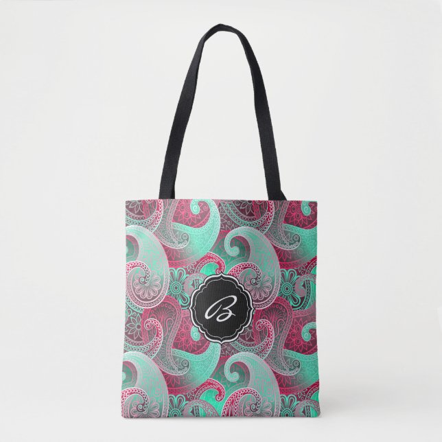 Pink and Aqua Paisley Pattern with Monogram Tote Bag (Front)