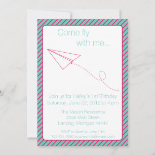 Pink and Aqua Paper Aeroplane Birthday Invite