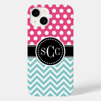 Pink and Aqua Polka Dot Chevron Monogram Case-Mate iPhone 14 Case