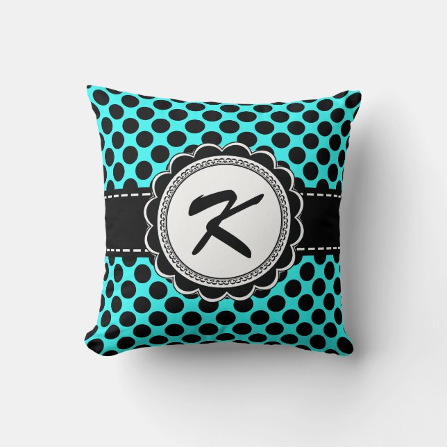Pink and Aqua Polka Dots Retro Monogram Letter K Cushion (Front)
