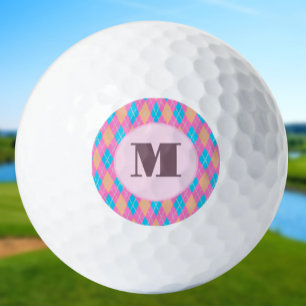 Pink and Aqua preppy argyle custom monogram ladies Golf Balls