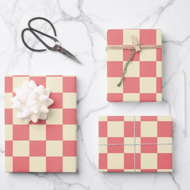 Pink and Beige Chequerboard Wrapping Paper Sheet (Front)