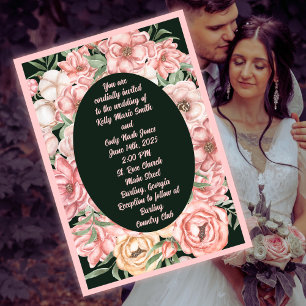 Pink and Beige Flower Oval on Deep Green Wedding Invitation