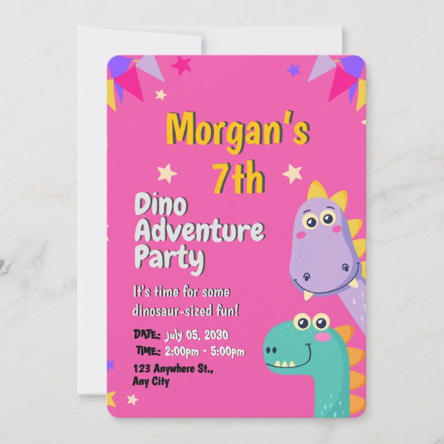 Pink and Beige Playful Cute Dinosaurs Kids Birthda Invitation (Front)