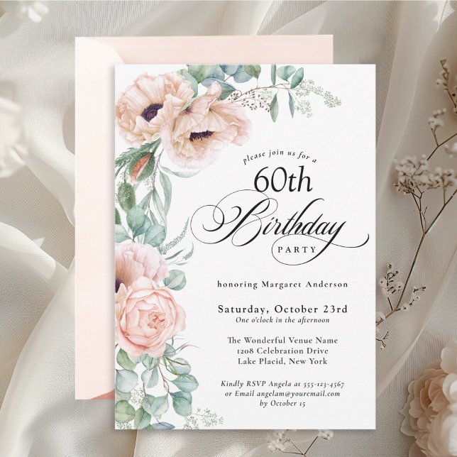 Pink and Beige Watercolor Floral 60th Birthday Invitation (Available in both printed and digital download formats.)