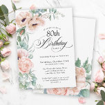 Pink and Beige Watercolor Floral 80th Birthday Invitation<br><div class="desc">A beautifully feminine 80th birthday party invitation to celebrate this special milestone birthday, this design features lovely bouquets of soft watercolor poppies, roses, eucalyptus and trailing greenery in pastel beige, pink, green and blue-green. Celebrate the guest of honour in charming style with birthday spelled out in beautiful calligraphy script. Personalise...</div>