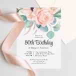 Pink and Beige Watercolor Floral 80th Birthday Invitation<br><div class="desc">A beautifully feminine 80th birthday party invitation to celebrate this special milestone birthday, this design features a lovely bouquet of watercolor poppies, roses, eucalyptus and trailing greenery in pastel beige, pink, green and blue-green. Celebrate the guest of honour in charming style with this unique invitation notch shaped design. Personalise the...</div>