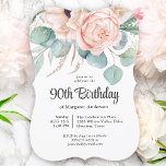 Pink and Beige Watercolor Floral 90th Birthday Invitation<br><div class="desc">A beautifully feminine 90th birthday party invitation to celebrate this special milestone birthday, this design features a lovely bouquet of watercolor poppies, roses, eucalyptus and trailing greenery in pastel beige, pink, green and blue-green. Celebrate the guest of honour in charming style with this unique invitation notch shaped design. Personalise the...</div>