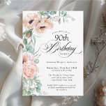 Pink and Beige Watercolor Floral 90th Birthday Invitation<br><div class="desc">Celebrate a 90th birthday in beautiful style with this feminine birthday party invitation that recognises this special milestone birthday. This design features lovely bouquets of soft watercolor poppies, roses, eucalyptus and trailing greenery in pastel beige, pink, green and blue-green. Celebrate the guest of honour in elegant style with birthday spelled...</div>