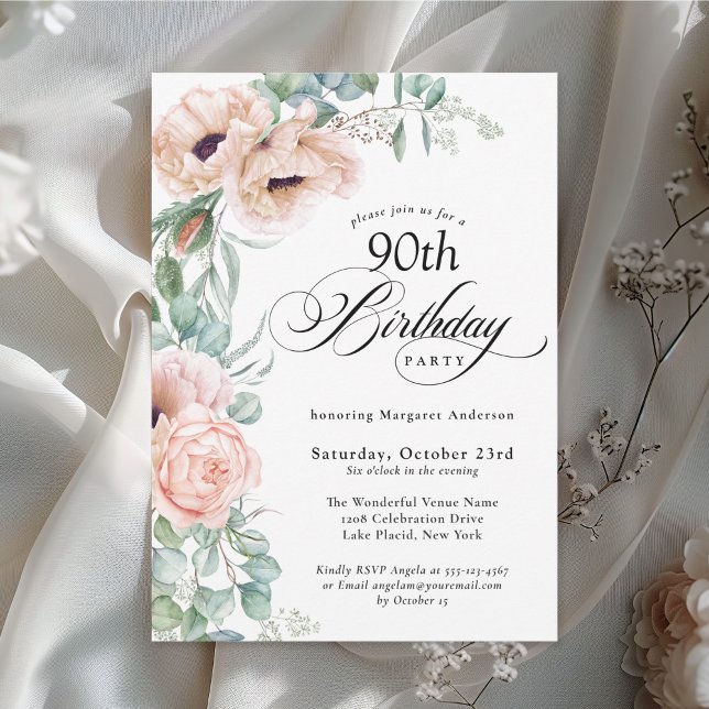 Pink and Beige Watercolor Floral 90th Birthday Invitation (Available in both printed and digital download formats.)