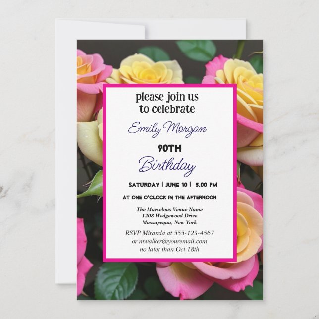 Pink and Beige Watercolor Floral 90th Birthday Invitation (Front)
