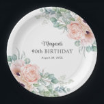 Pink and Beige Watercolor Floral 90th Birthday Paper Plate<br><div class="desc">A beautifully feminine personalised design featuring bouquet borders of watercolor poppies, roses, eucalyptus and trailing greenery in pastel beige, pink, green and blue-green. Personalise the text template with the name of the Guest of Honour's Name and birthday date or date of your celebration. These plates come in 2 sizes: shown...</div>