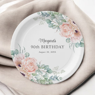 Pink and Beige Watercolor Floral 90th Birthday Paper Plate