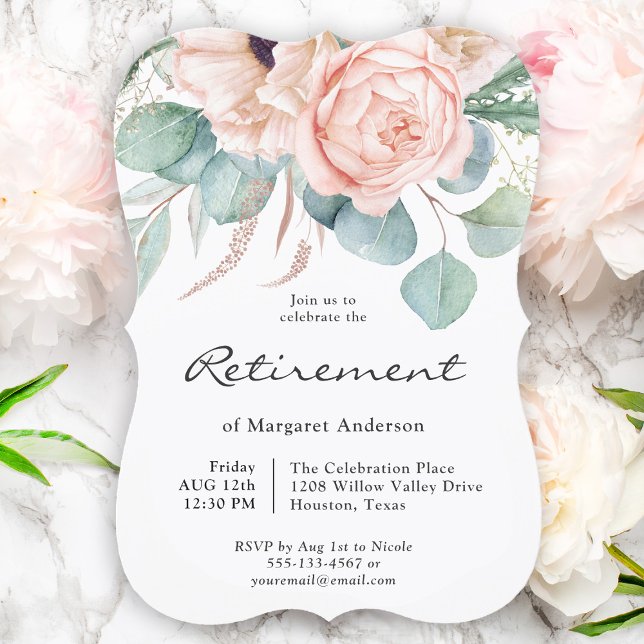 Pink and Beige Watercolor Floral Retirement Invitation (Available as printed and paperless digital download!)