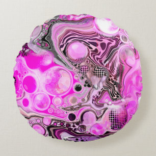 Pink and Black Abstract Fluid Art Round Cushion