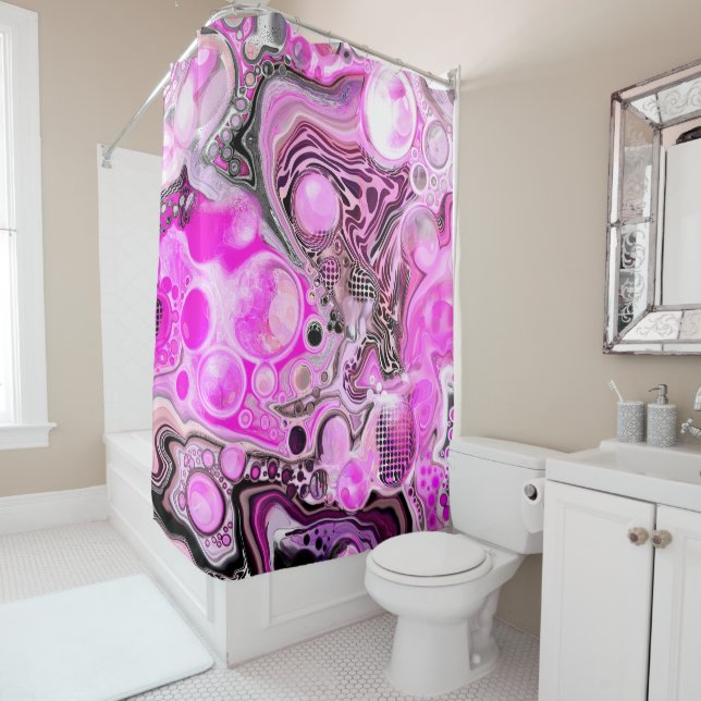 Pink and Black Abstract Fluid Art   Shower Curtain (In Situ)