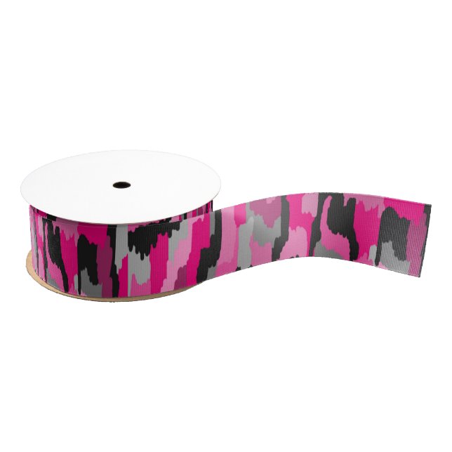 Pink and Black Abstract Print  Grosgrain Ribbon (Spool)