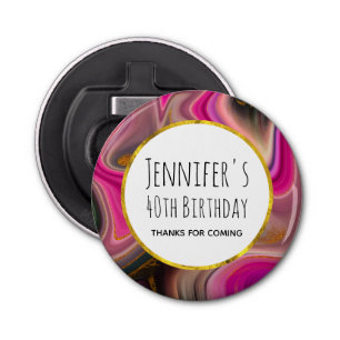 Pink and Black Abstract with Gold Swirls Birthday Bottle Opener