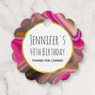 Pink and Black Abstract with Gold Swirls Birthday Favour Tags