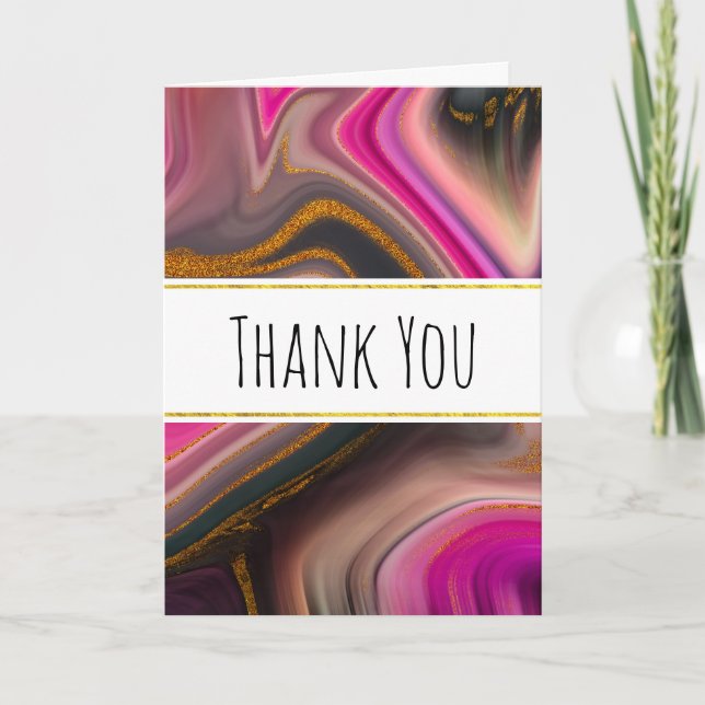 Pink and Black Abstract with Gold Swirls Card (Front)