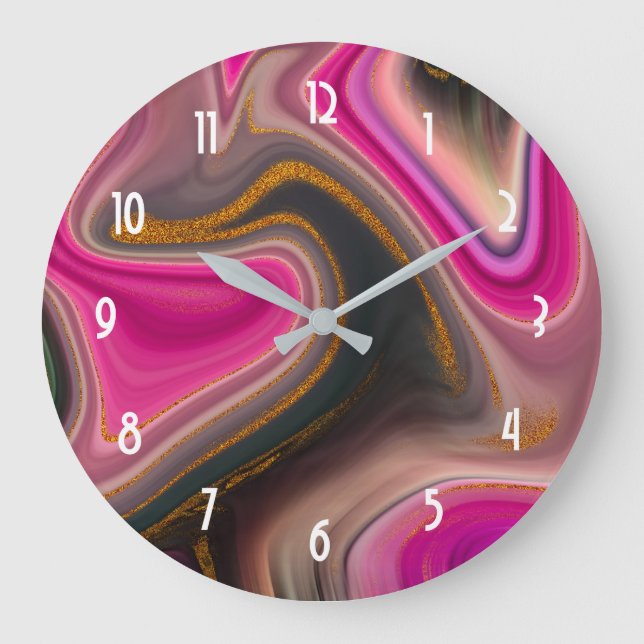Pink and Black Abstract with Gold Swirls Large Clock (Front)