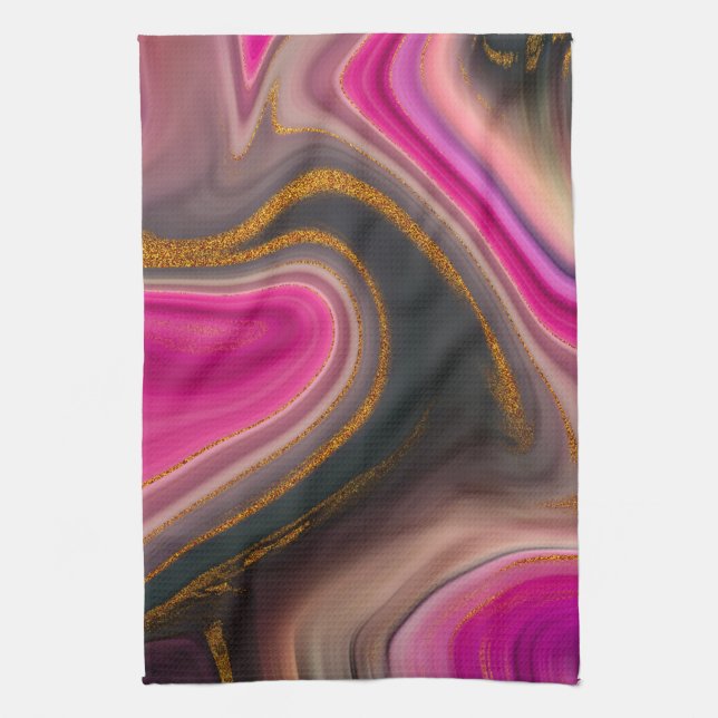 Pink and Black Abstract with Gold Swirls Tea Towel (Vertical)