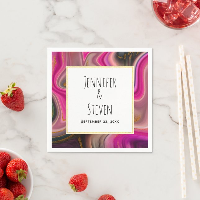 Pink and Black Abstract with Gold Swirls Wedding Napkin (Insitu)