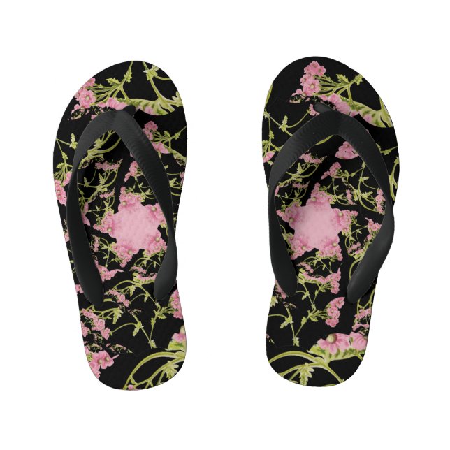 Pink and black Achillea fractal art Kid's Jandals (Footbed)