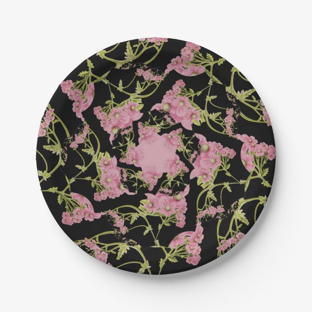 Pink and black Achillea fractal art Paper Plate (Front)