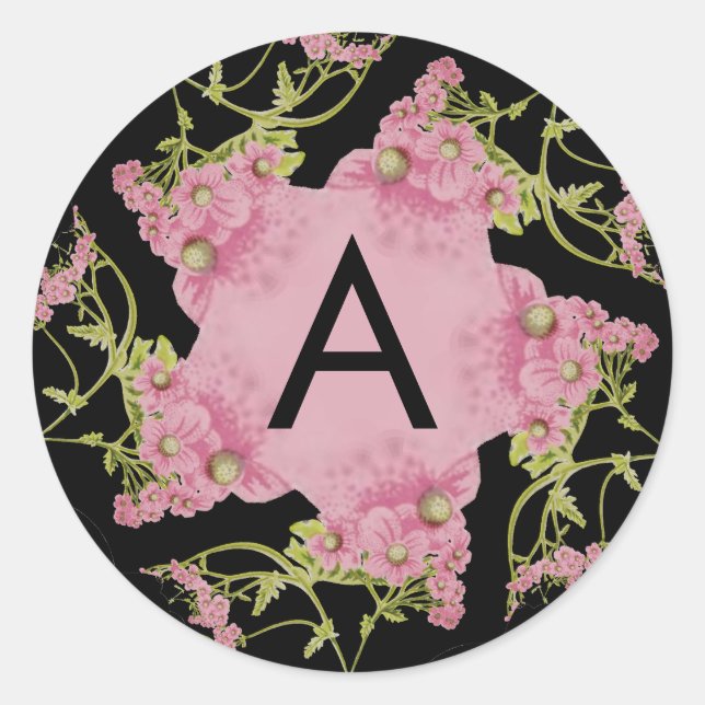 Pink and black Achillea Monogram Classic Round Sticker (Front)