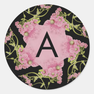 Pink and black Achillea Monogram Classic Round Sticker