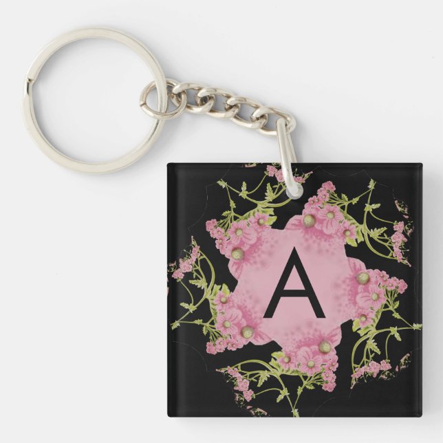 Pink and black Achillea Monogram Key Ring (Front)