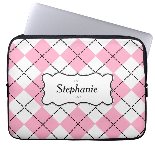 Pink And Black Argyle Personalised Laptop Sleeve (Front)