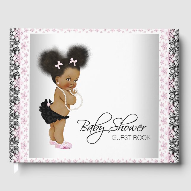 Pink and Black Baby Shower Guest Book Ethnic Girl (Front)