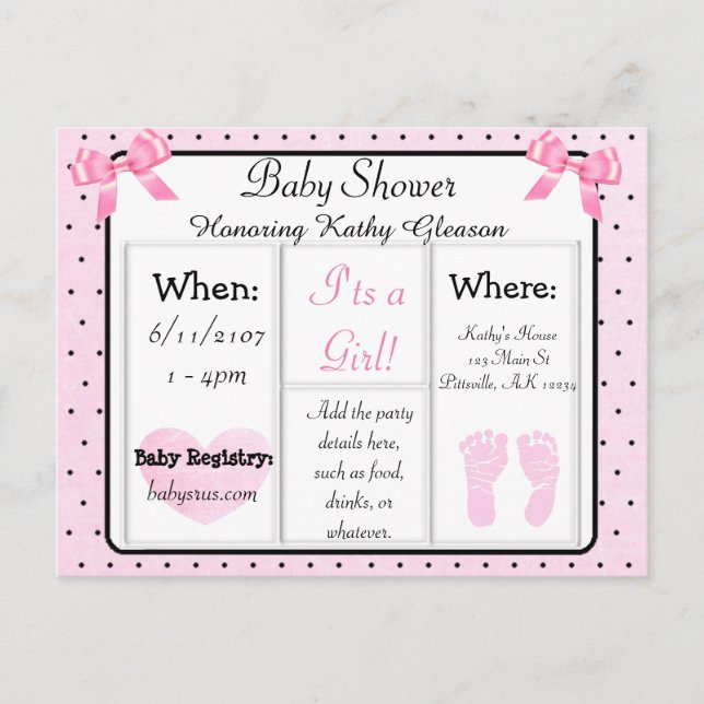 Pink and Black Baby Shower Invitation Postcard (Front)