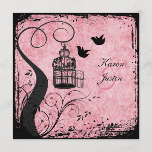 Pink and Black Birdcage Lovebirds on Linen Invite