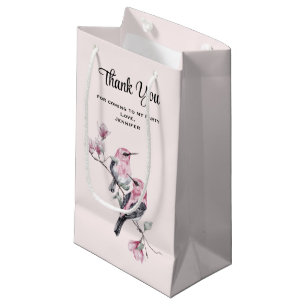 Pink and Black Birds on a Branch Party Thank You Small Gift Bag