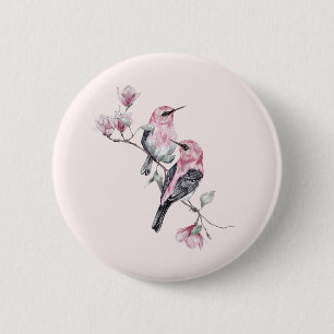 Pink and Black Birds on a Tree Branch 6 Cm Round Badge