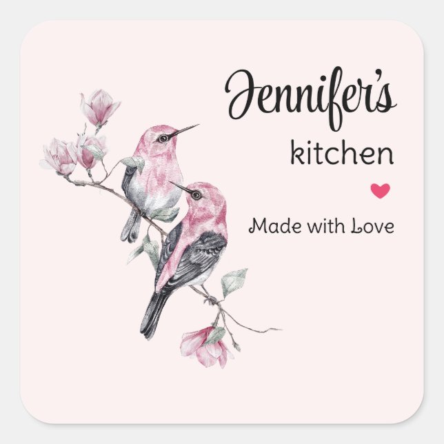 Pink and Black Birds on a Tree Branch Kitchen Square Sticker (Front)