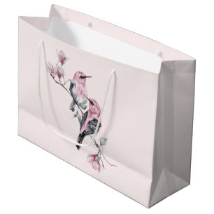 Pink and Black Birds on a Tree Branch Large Gift Bag