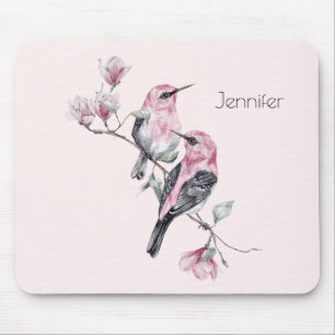 Pink and Black Birds on a Tree Branch Mouse Pad