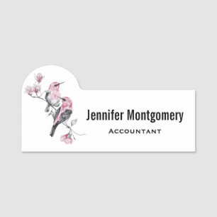 Pink and Black Birds on a Tree Branch Name Tag