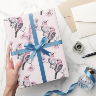 Pink and Black Birds on a Tree Branch Pattern Wrapping Paper