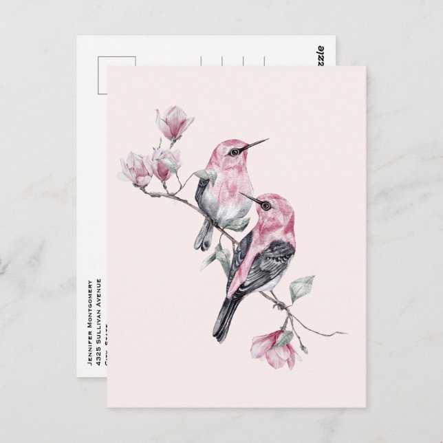 Pink and Black Birds on a Tree Branch Postcard (Front/Back)