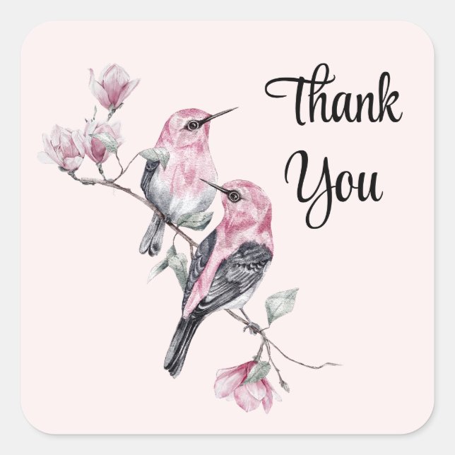Pink and Black Birds on a Tree Branch Thank You Square Sticker (Front)