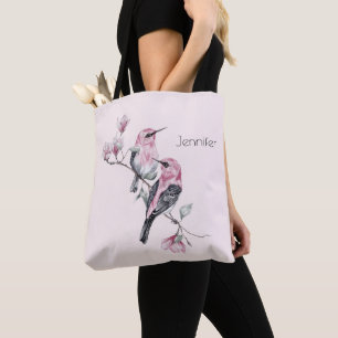 Pink and Black Birds on a Tree Branch Tote Bag