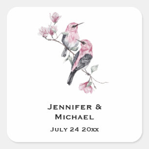 Pink and Black Birds on a Tree Branch Wedding Date Square Sticker